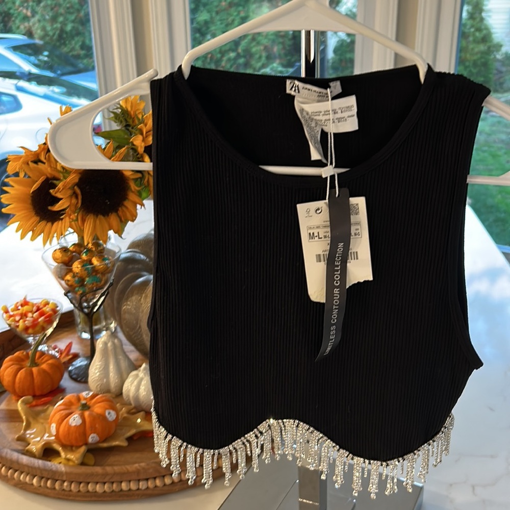 Zara Womens Black Sleeveless high neck top. Jewel appliqué at hem.Black - Picture 9 of 10